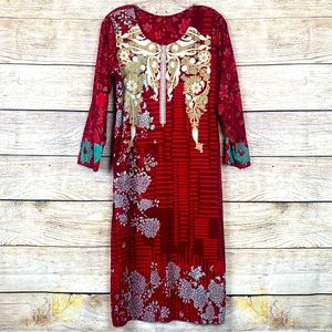 Tribal Floral Embroidered Red Tunic with Slits